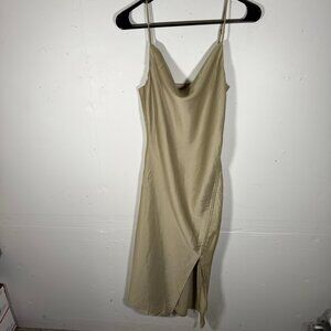WOMENS SIZE 4 DRESS COWL NECK CHAMPAGNE TAN SHIMMER RUCHED STRAPPY Y2K 90S POLLY